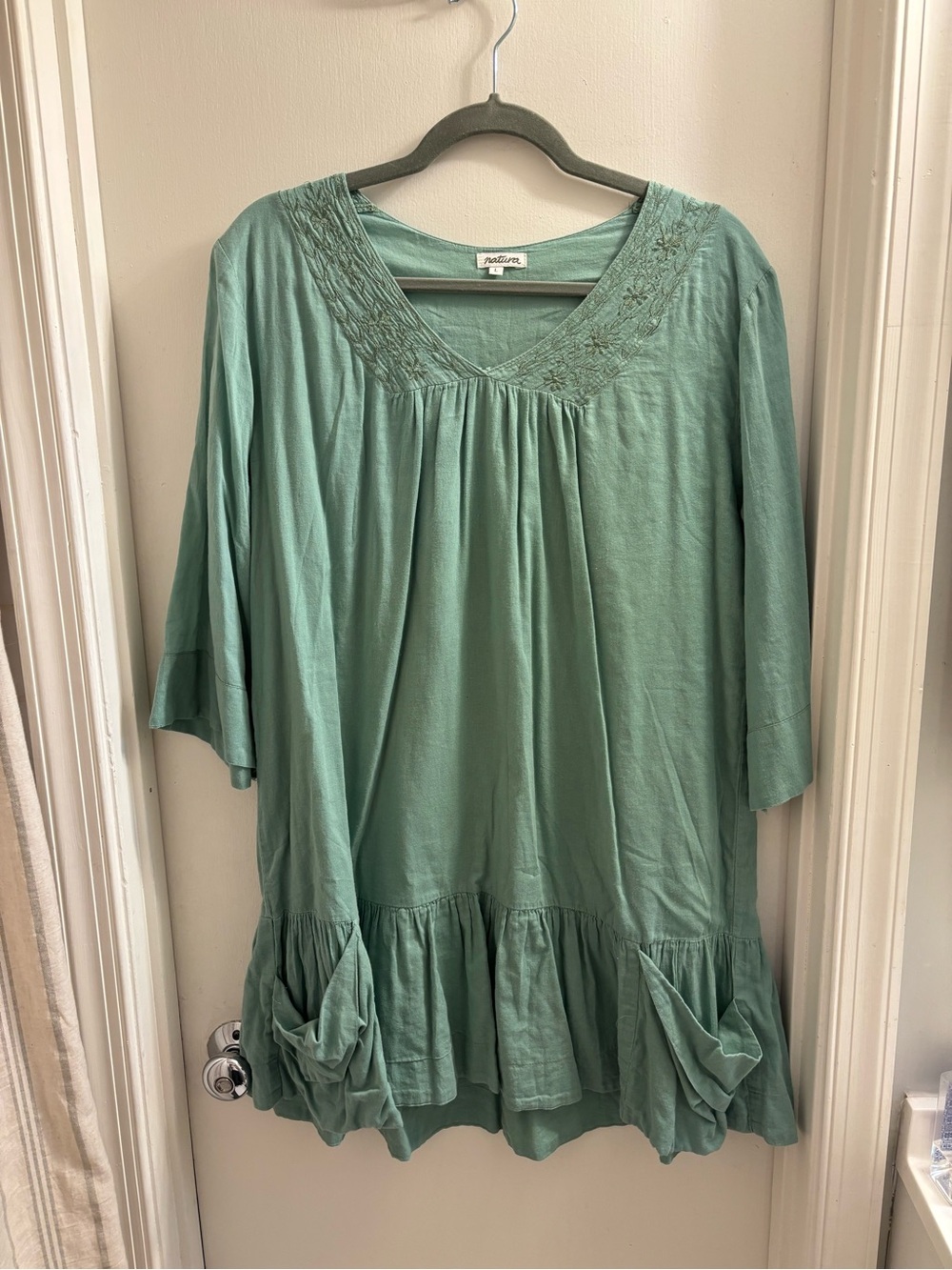 Natura 100% Cotton Embroidered Boho Tunic Dress Green L